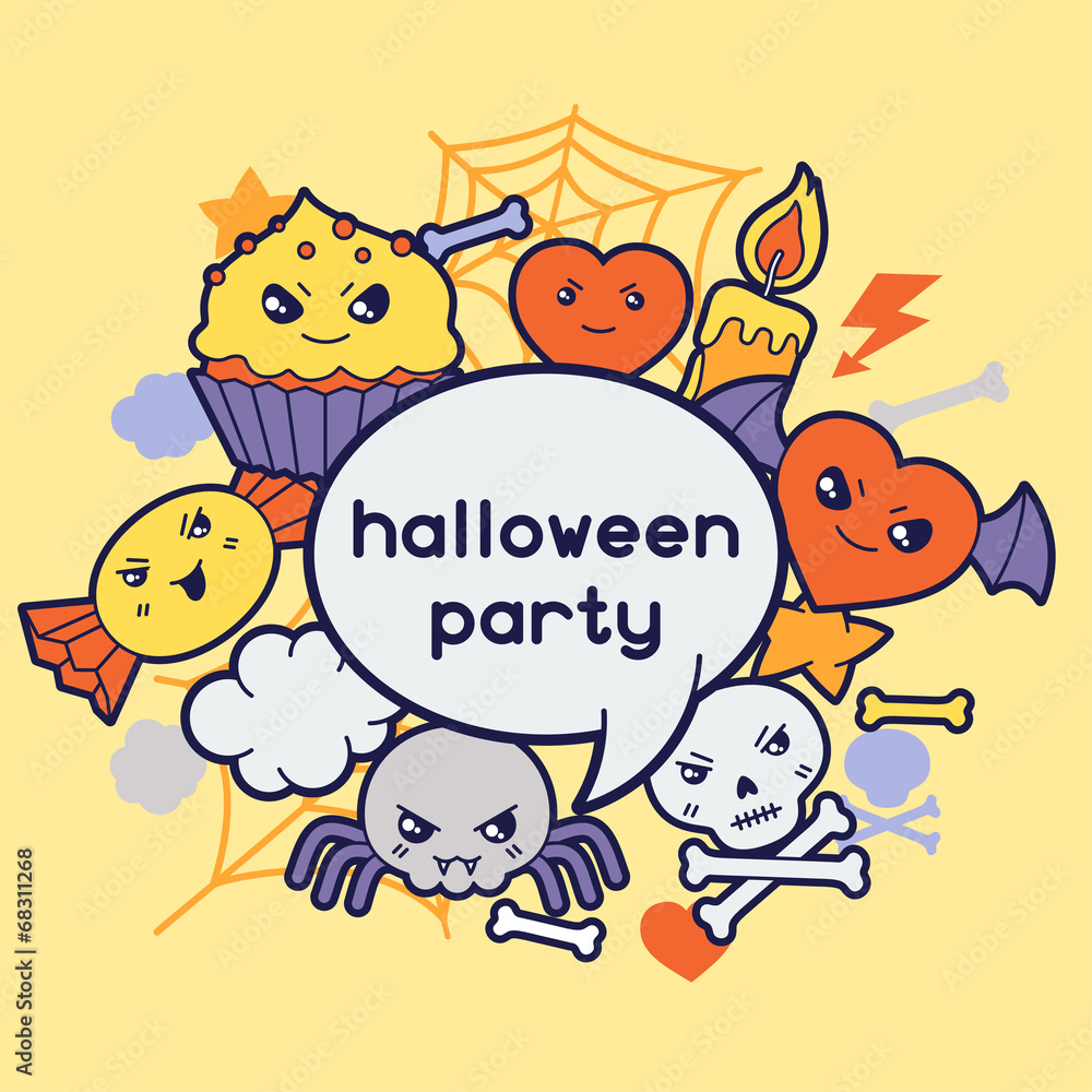 Halloween kawaii greeting card with cute doodles. Halloween kawaii greeting card with cute doodles.