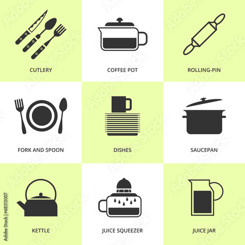 Set of black cutlery and dishes icons.