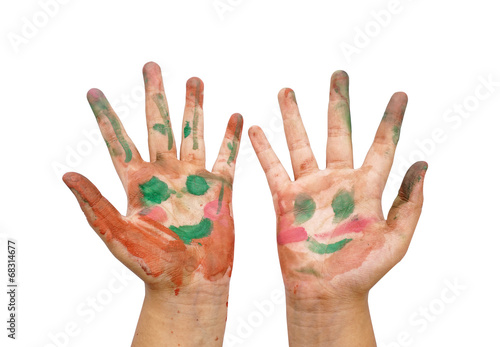 painted colorful smile on hand on a white background