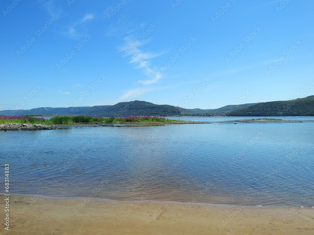 sandy beach overlooking the Volga Zhiguli Mountains sandy beach overlooking the Volga Zhiguli Mountains