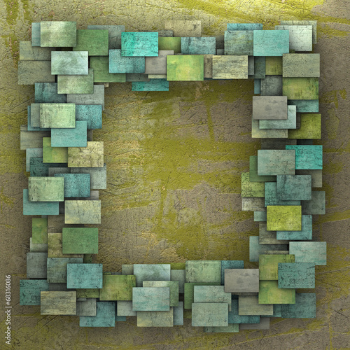 3d green square tile grunge pattern on green grungy wall