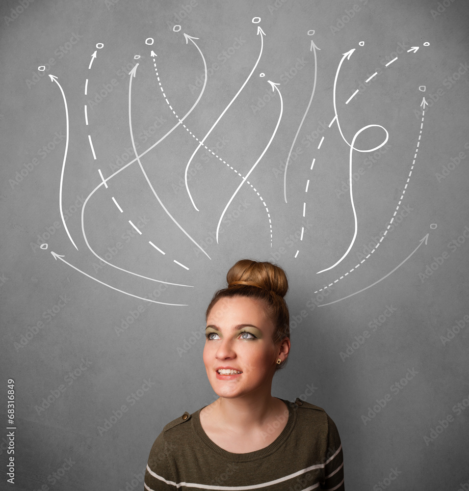 Young woman with arrows coming out of her head