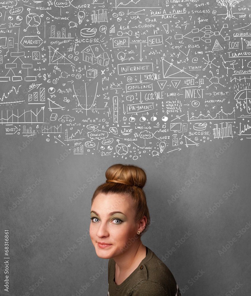 Young woman gesturing with sketched charts above her head Young woman gesturing with sketched charts above her head