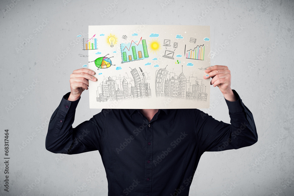 Businessman holding a paper with charts and cityscape in front o Businessman holding a paper with charts and cityscape in front o