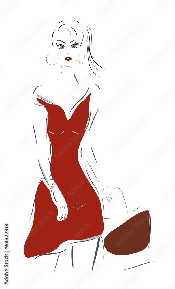 Fashion Woman Sketch. Vector of a Girl with bag on shopping Fashion Woman Sketch. Vector of a Girl with bag on shopping