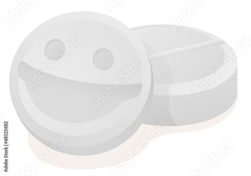 Close two white pills with smile of happiness