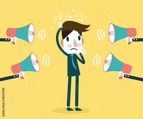 Many megaphone Shouting at Businessman. Stress at work.vector
