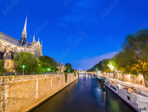Notre Dame at night, Paris. Stunning view of cathedral at summer
