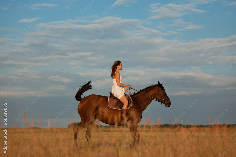 Girl riding a horse in the field Girl riding a horse in the field