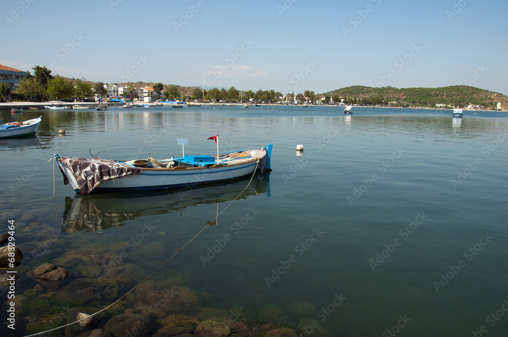 Fishing Boat with turkish flag  near Izmir, Turkey