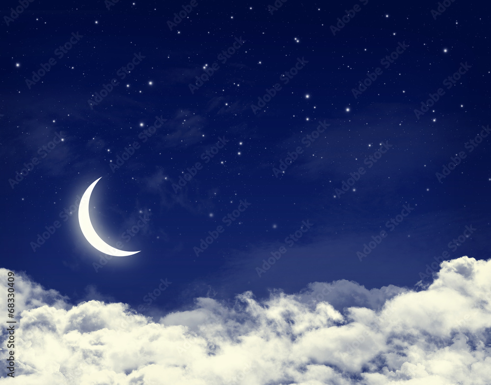 Moon and stars in a cloudy night blue sky Moon and stars in a cloudy night blue sky
