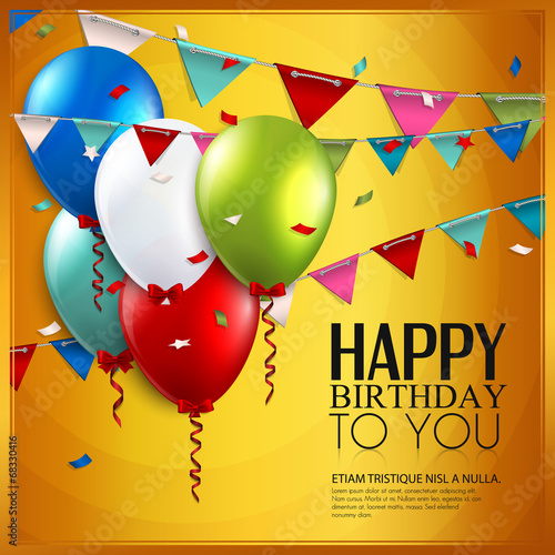 Vector birthday card with balloons and bunting flags on yellow