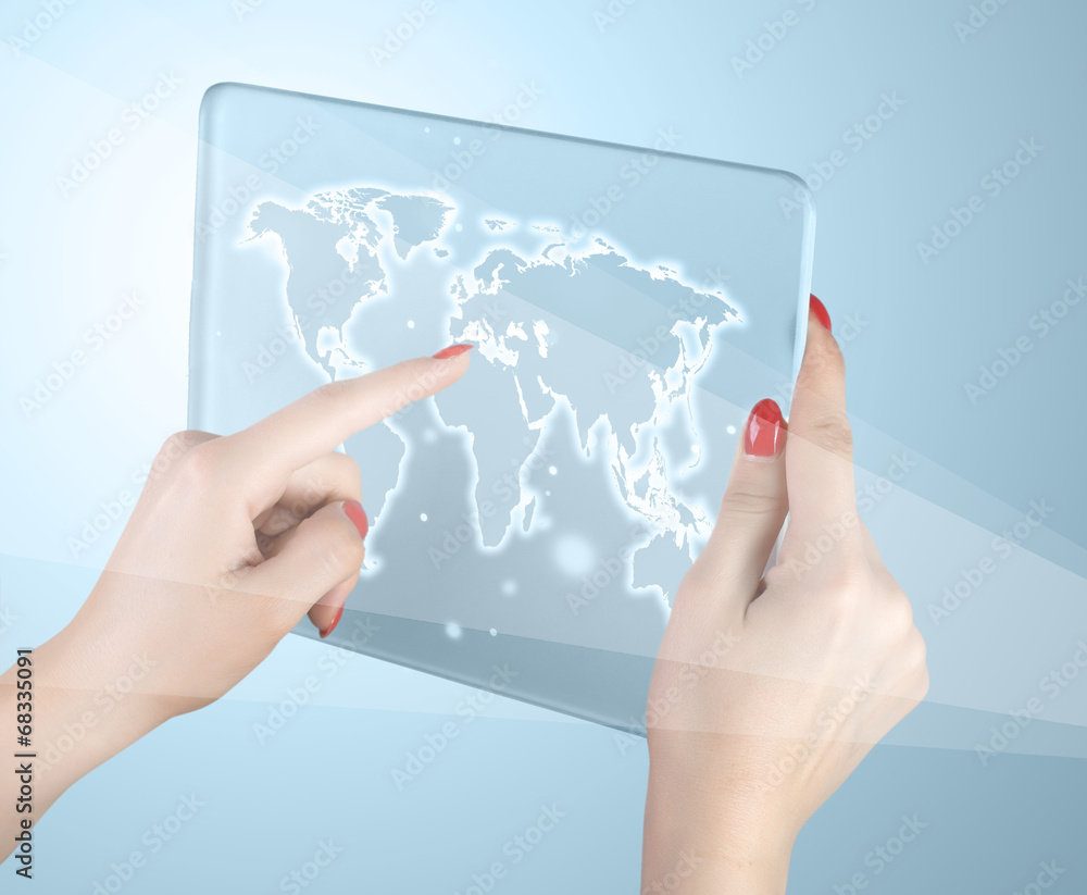 woman hand touch world map and connection woman hand touch world map and connection