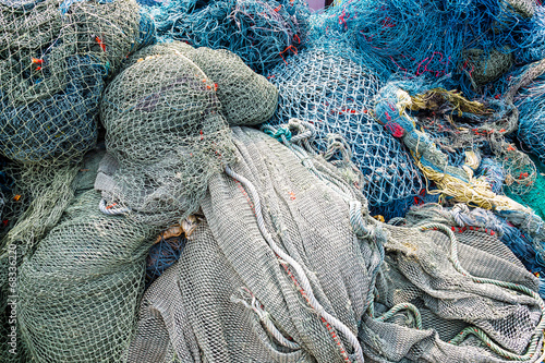 Fishing nets pattern mess stacked at port