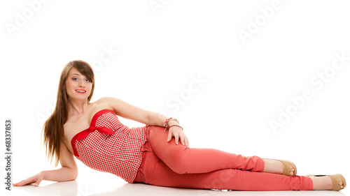 Summer fashion. Teenage girl in red outfit isolated