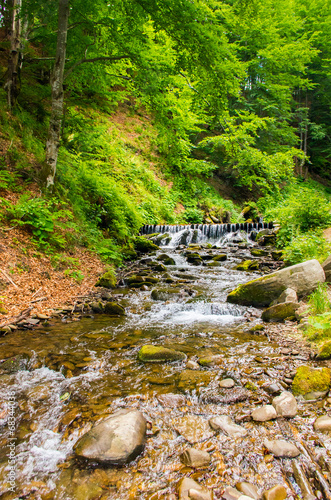 Mountain river with cascades and stones  in the forest.