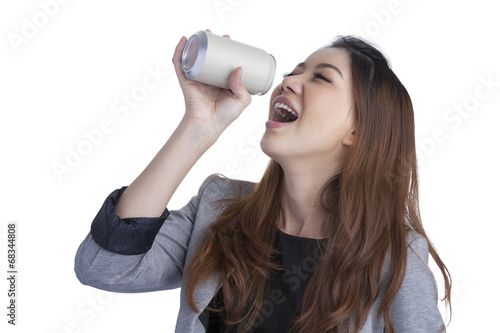 Woman drinking from blank can