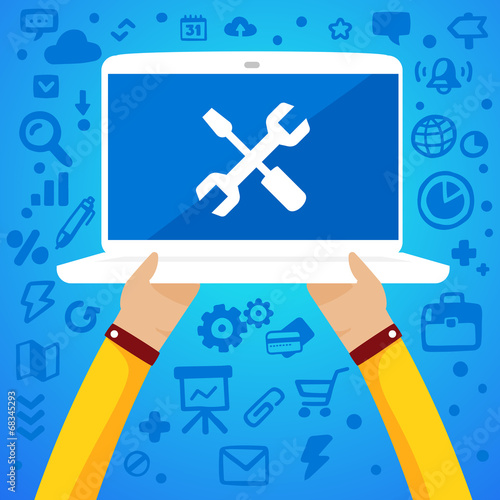 Bright vector illustration two male hands holding a laptop with