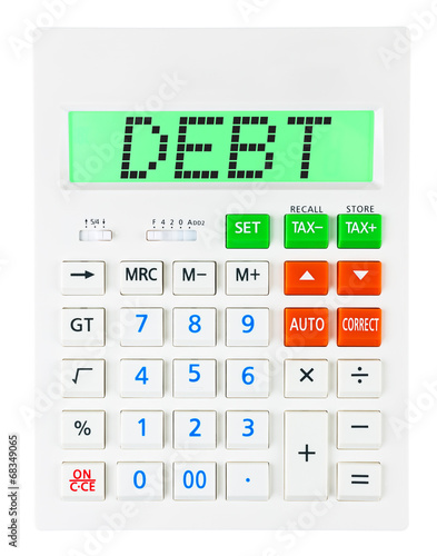 Calculator with Debt on display isolated on white background