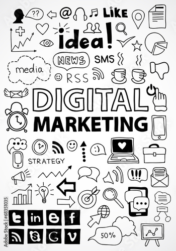 Hand drawn set of digital marketing and social media icons