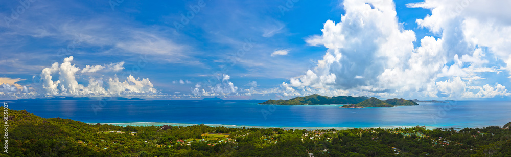 Panorama of island Praslin and Mahe at Seychelles