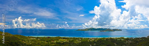 Panorama of island Praslin and Mahe at Seychelles