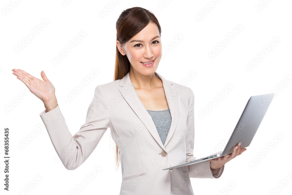 Business woman open hand palm with laptop computer Business woman open hand palm with laptop computer
