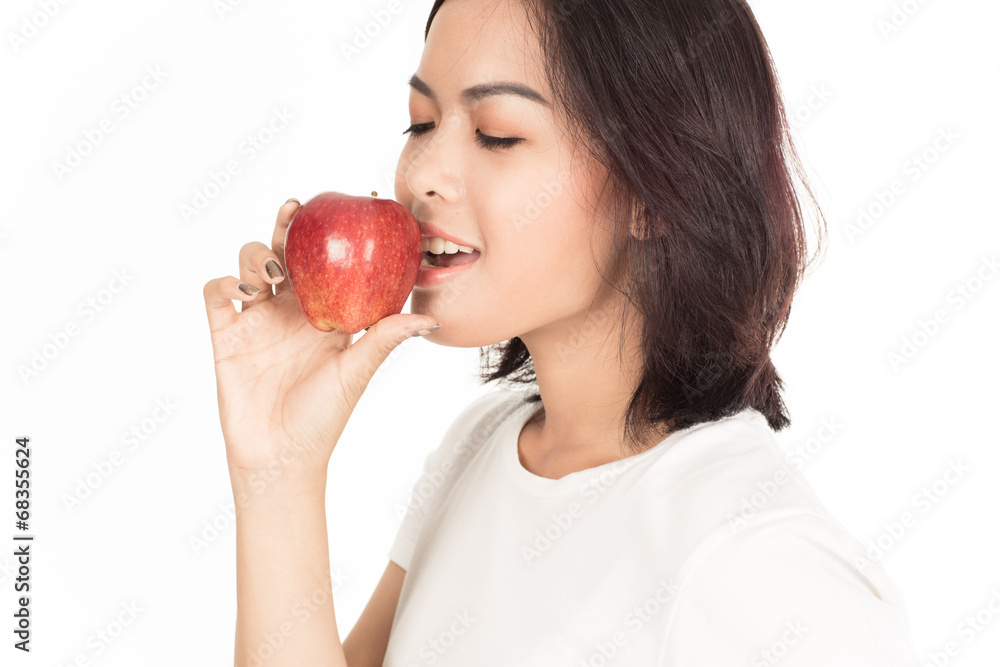 Smiling woman with apple isolated on white Smiling woman with apple isolated on white