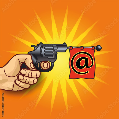 Hand mit Revolver, Email und Nachrichten