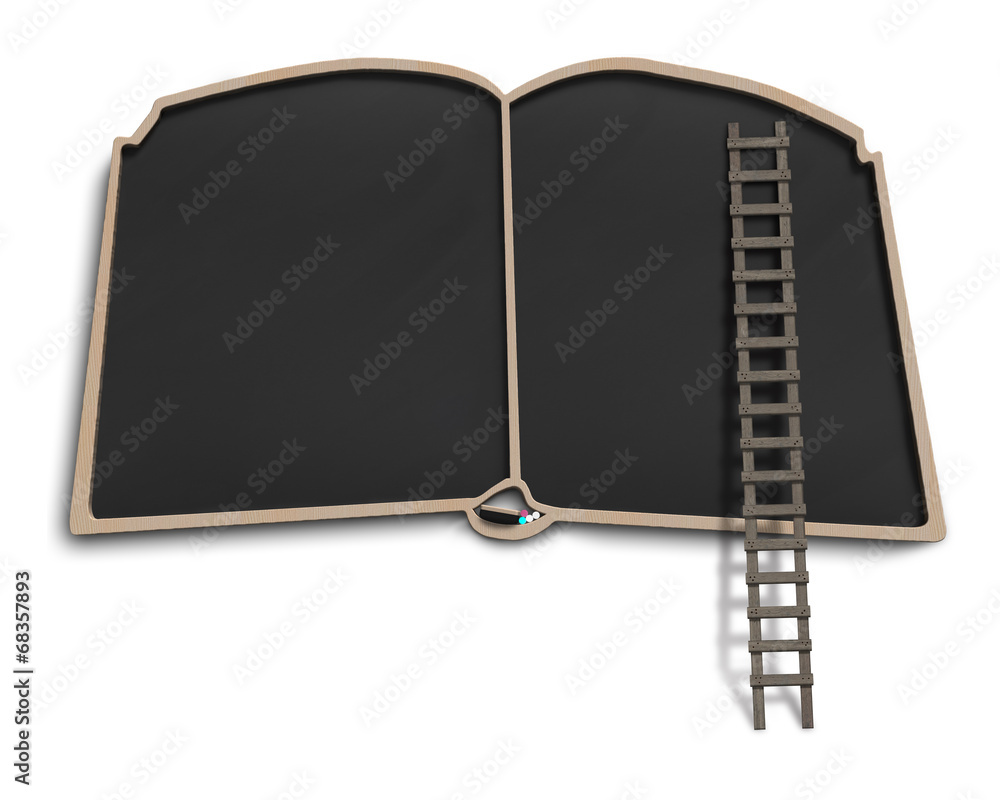 Book shape black board with wooden ladder