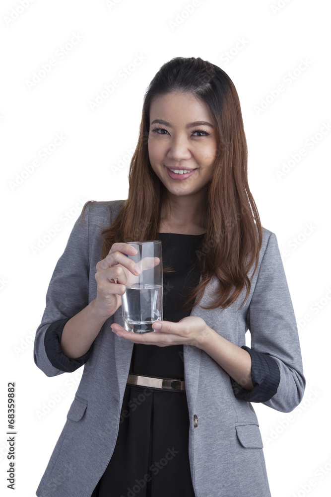 Young businesswoman showing water on water glass plastic. Young businesswoman showing water on water glass plastic.