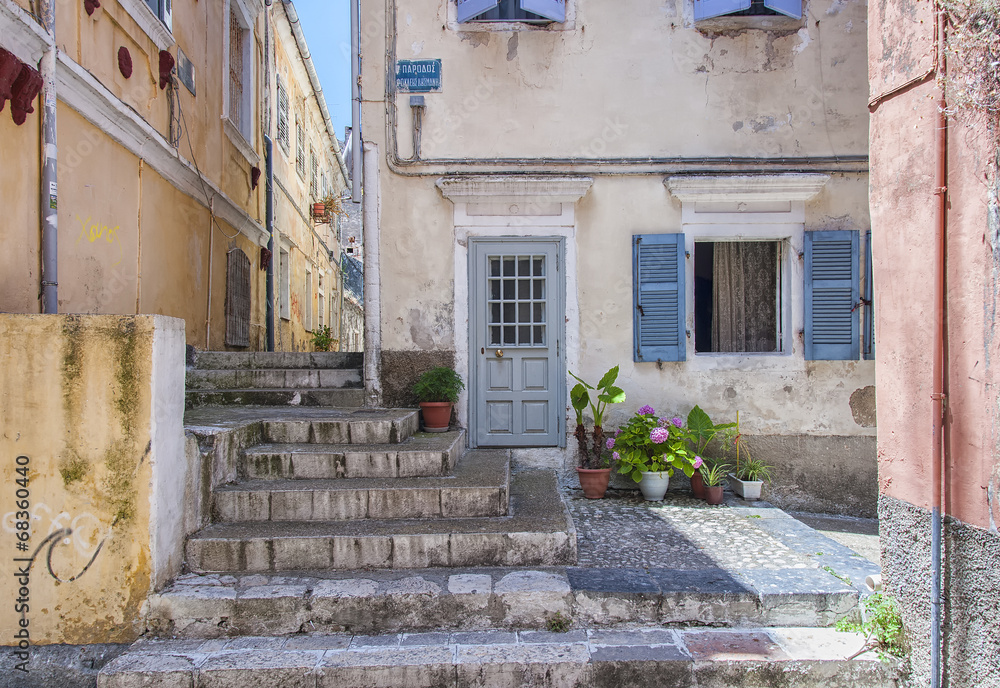 traditional houses on streets of corfu town greece