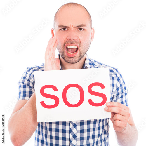 Happy young man with Sos sign
