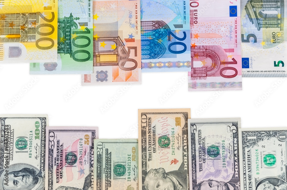 Dollar and euro banknotes on white background Dollar and euro banknotes on white background