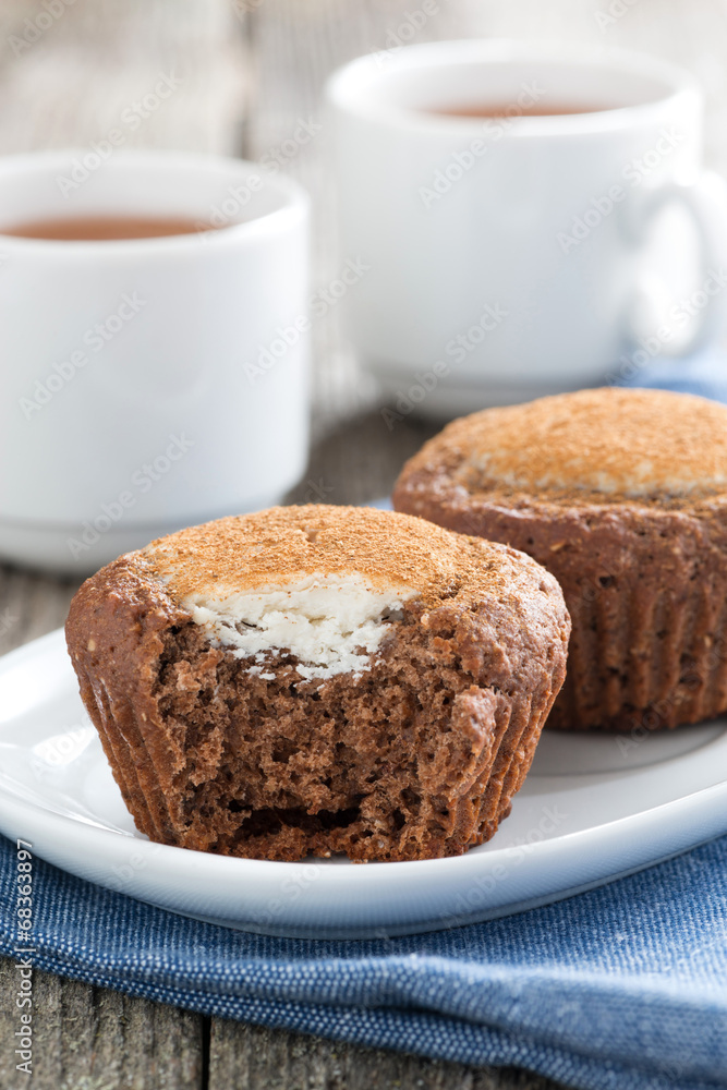 chocolate cakes with cheese filling, vertical chocolate cakes with cheese filling, vertical
