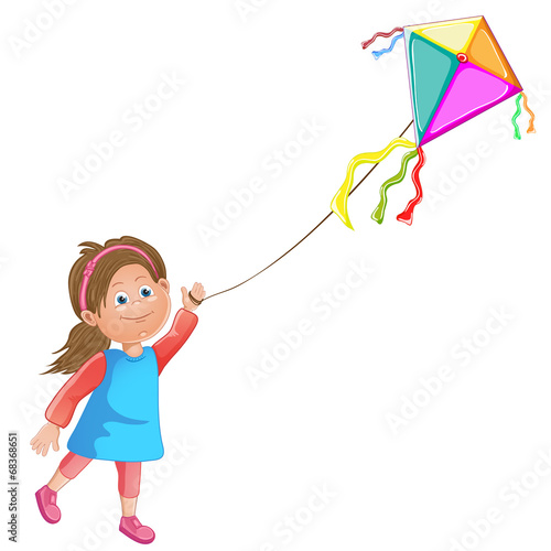 Cartoon kid playing with kite.