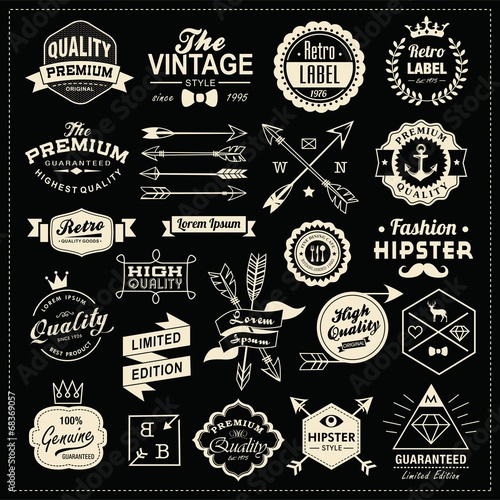 Collection of labels, arrows, ribbons, and design elements