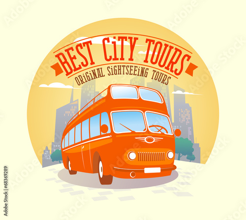 Best city tours design with double-decker bus against city backg