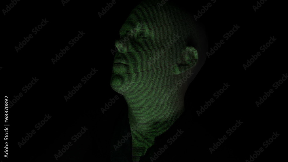 Cyber hacker with binary code projected on face Cyber hacker with binary code projected on face