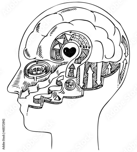 Black and white man profile with brain and heart