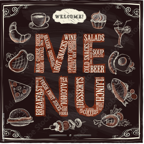 Menu with assorted food graphic.
