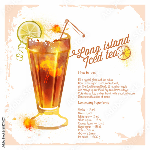Сocktails Long island iced tea. Menu drawn watercolor.