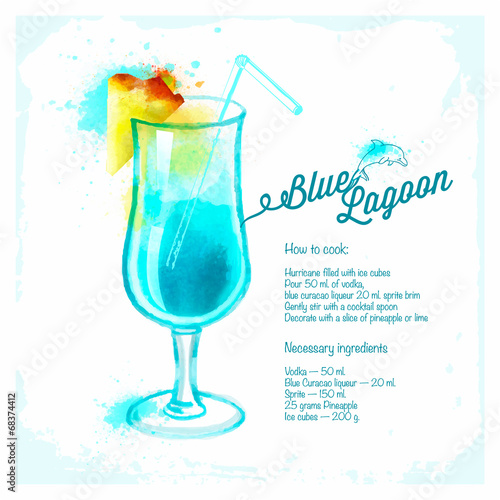 Blue Lagoon cocktails drawn watercolor.