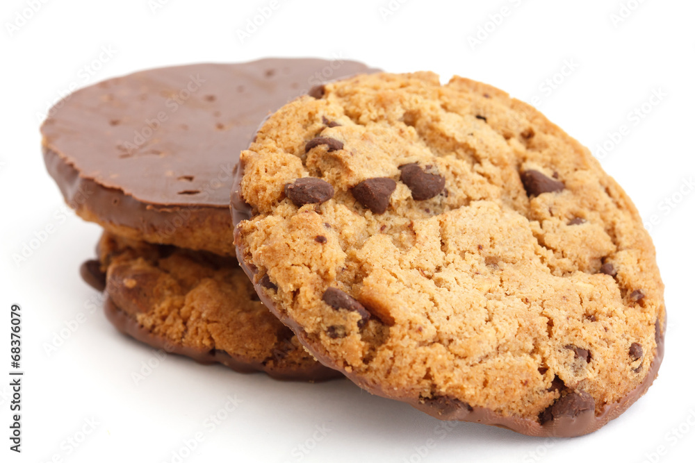 Chocolate chip cookies with half coated in chocolate. Chocolate chip cookies with half coated in chocolate.