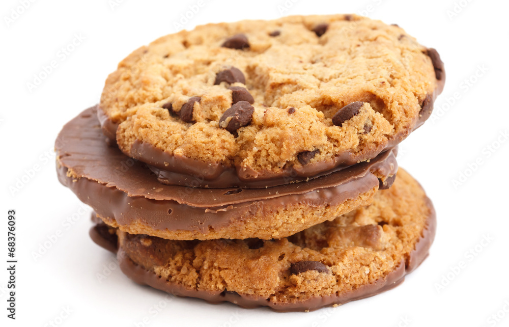 Chocolate chip cookies with half coated in chocolate. Chocolate chip cookies with half coated in chocolate.