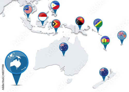 Map of oceania with national flags