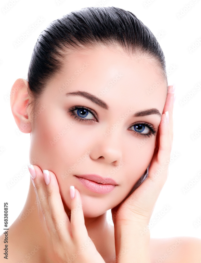 Young female with fresh clear skin, white background Young female with fresh clear skin, white background