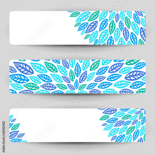Three banners with blue leaves.