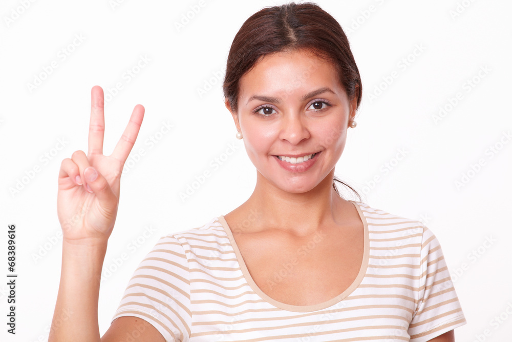 Beautiful 20s brunette with two sign Beautiful 20s brunette with two sign