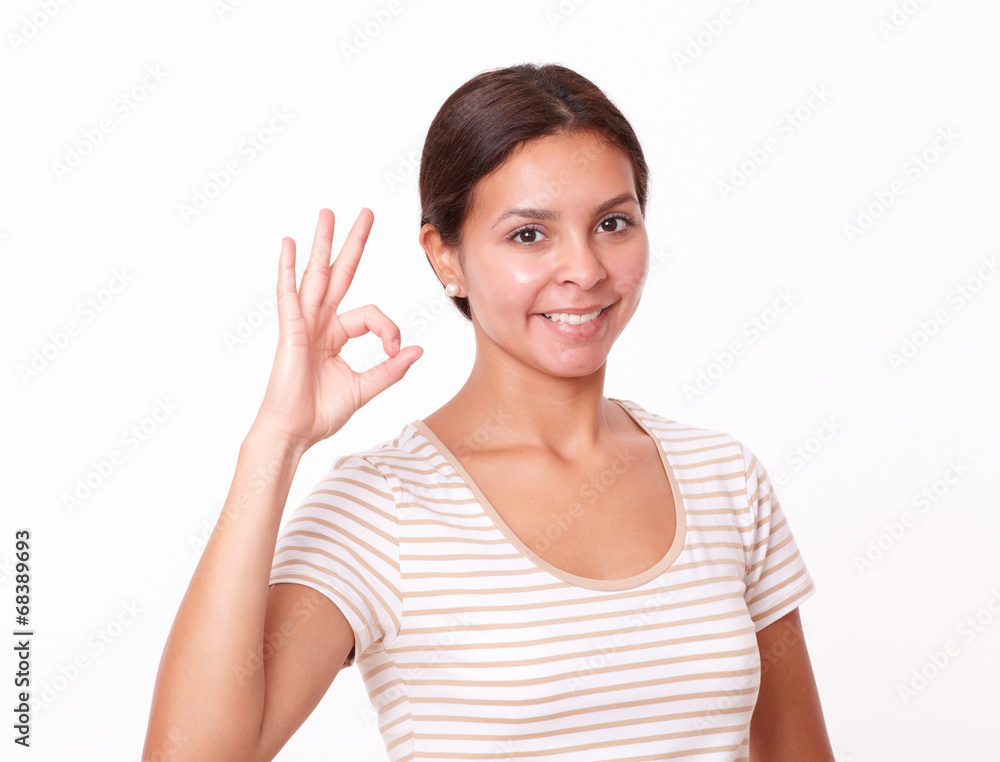 Brunette lady with great job gesture Brunette lady with great job gesture